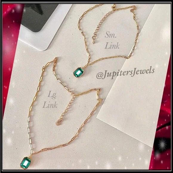 14k Gold Crystal Cut Emerald Minimalist Paperclip Necklace - Picture 8 of 9